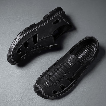 2025 New Men's Handmade Leather Sandals Flat Sandals Fashion Men's Suitable for Beach Vacation Summer Brown Non-slip Sandals