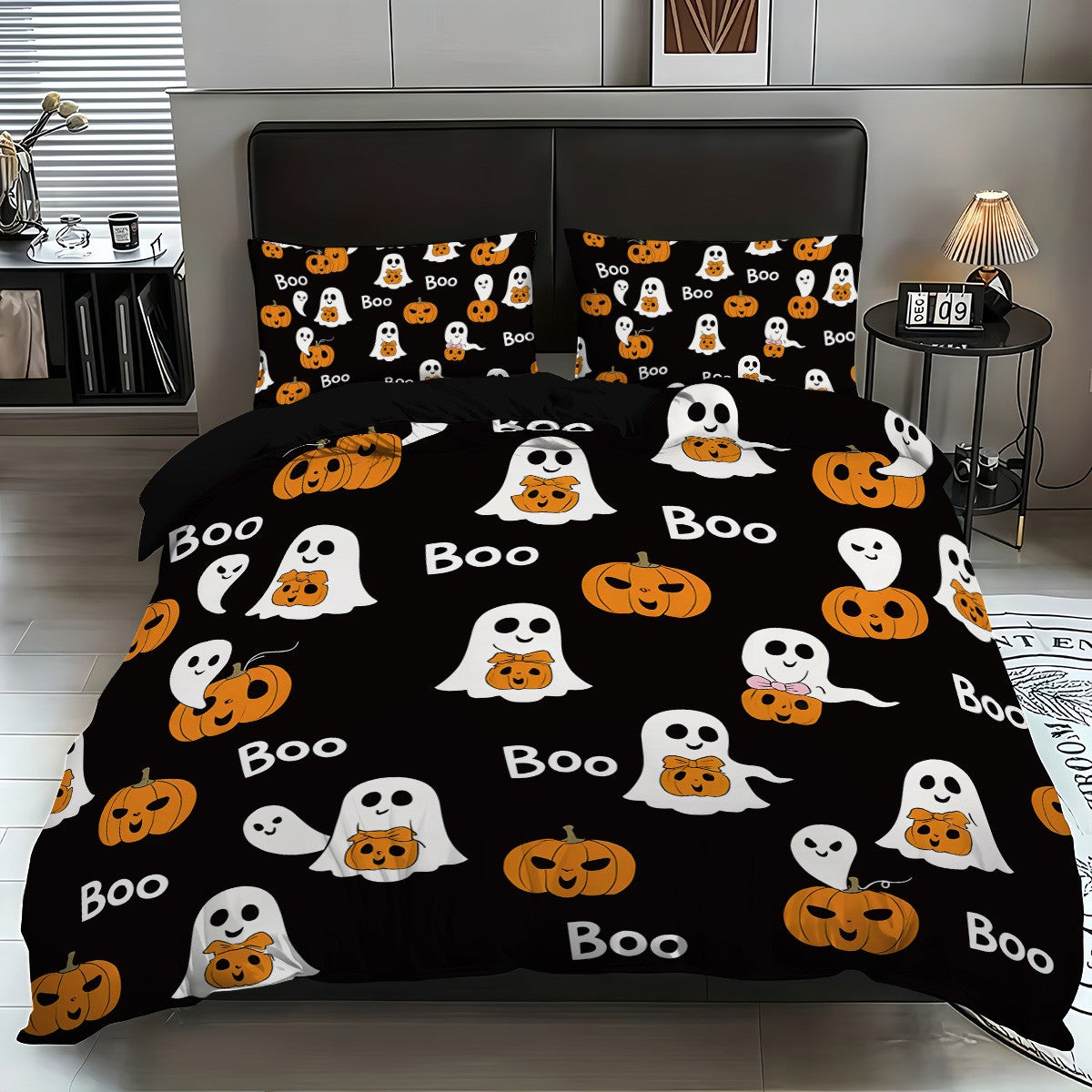 3 capas de edredom fofas de fantasma de Halloween, 1 capa de edredom + 2 fronhas, sem enchimento. Conjunto de cama macio e confortável, lavável à máquina