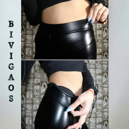 BIVIGAOS Fashion Women PU Leather Pants Elastic High Waist Winter Leggings Slim Velvet Leather Leggings Skinny Fleece Trousers