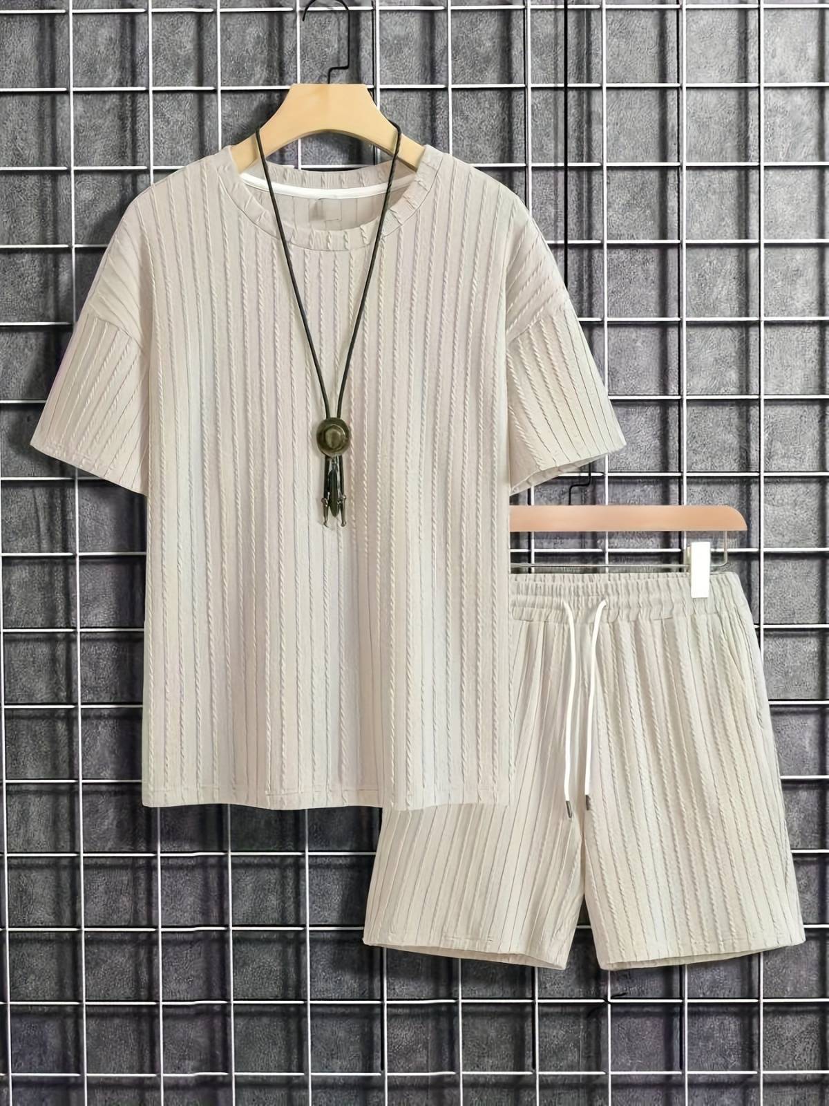 Men's new fashion summer sports solid color crew-neck vertical stripe T-shirt shorts short-sleeved suit Loose two-piece set