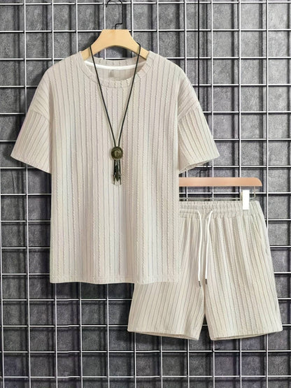 Men's new fashion summer sports solid color crew-neck vertical stripe T-shirt shorts short-sleeved suit Loose two-piece set