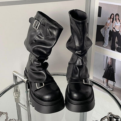 Shoes for Women 2024 Mid-Calf Women's Boots Platform Modern Boots Women Belt Buckle Square Toe Side Zip Square Heel Shoes Female