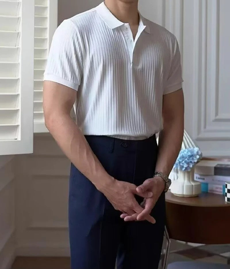 New Vertical Stripe Knit Polo Men's Shirts Summer Slim Solid Color Breathable Turn-Down Collar Business Short Sleeve Polo Tops