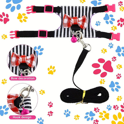 2 pçs/conjunto Arnês e Coleira para Hamster, Conjunto de Caminhada, Roupa para Pequenos Pets com Laço e Sinos, Colete Acolchoado Seguro e Confortável, Roupa para Hamster
