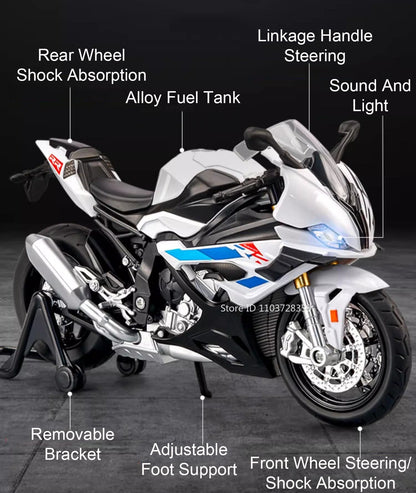 1:12 RRS1000 S1000RR Modelo de Brinquedo Motos de Liga Fundida Motocicletas Amortecimento Roda Dianteira Direcionável Pneus de Borracha Presente para Meninos