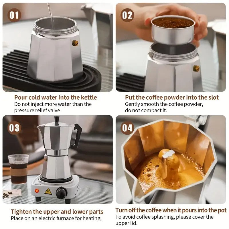 Aluminum Espresso Stovetop Perfect for Home Mocha & Tea Brewing, Elegant Design for Coffee Enthusiasts, Manual Espresso Maker