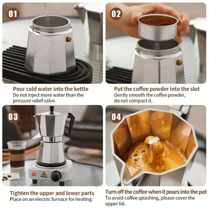 Aluminum Espresso Stovetop Perfect for Home Mocha & Tea Brewing, Elegant Design for Coffee Enthusiasts, Manual Espresso Maker