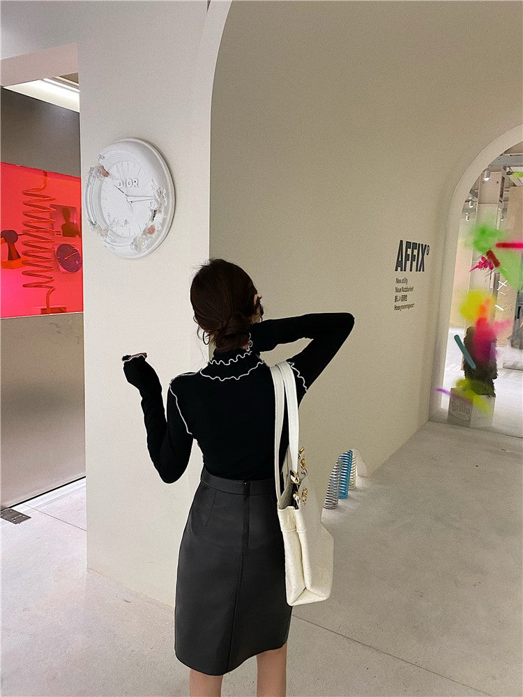 Lautaro Autumn Soft Black Pu Leather Midi Skirt Women with Double Slit Zipper High Waist Korean Style Fashion 2021 Streetwear