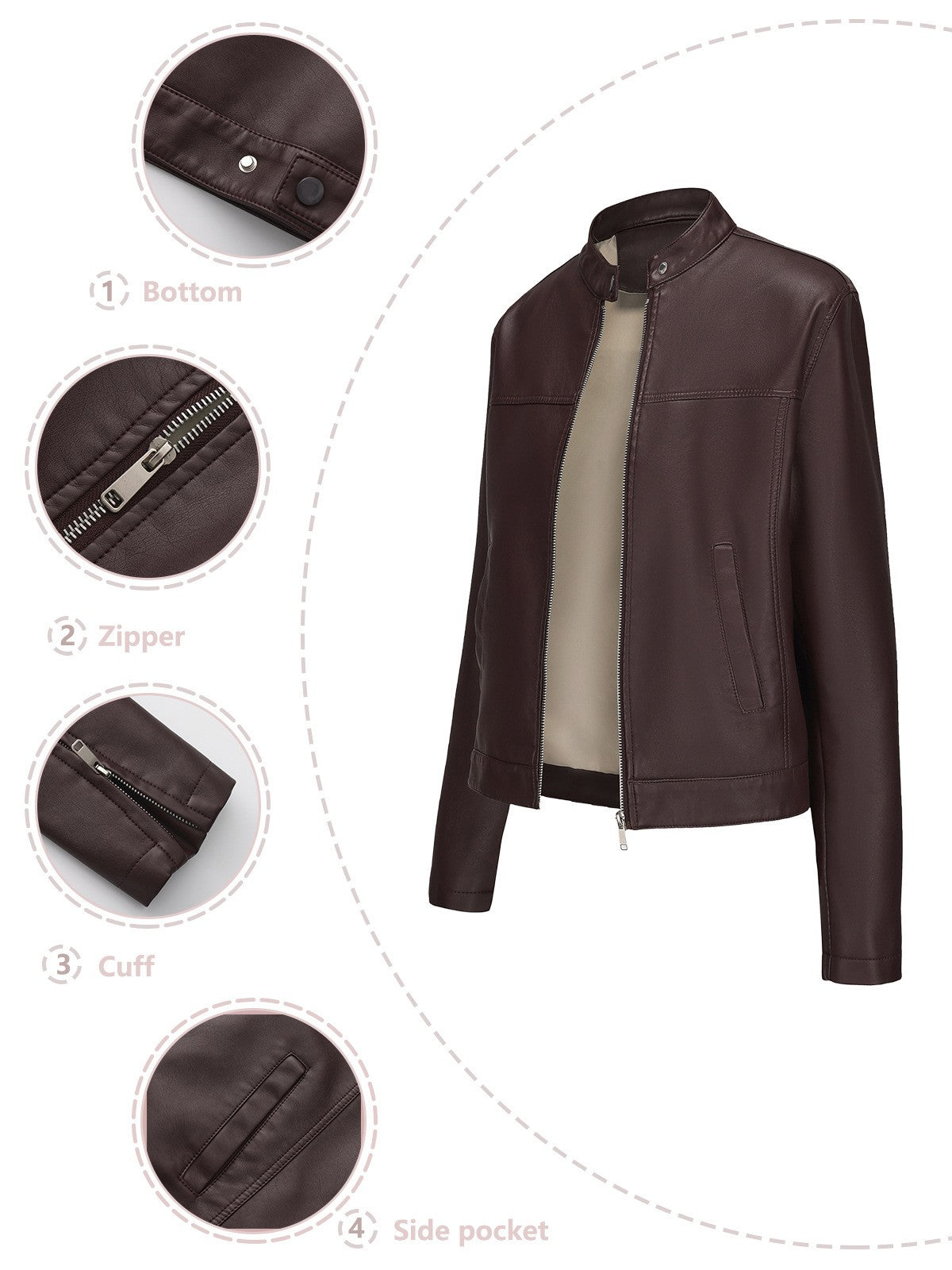 Black Women's Fitted Leather Jacket with Front Zipper & Side Pockets?, Available in Brown, Navy Blue, and Beige.