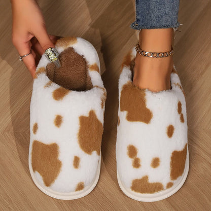 Pallene Cow milk Fuzzy Slippers Women Winter Cartoon Fur Slippers Soft Cozy Plush House Shoes Female Bedroom Cute Furry Slides