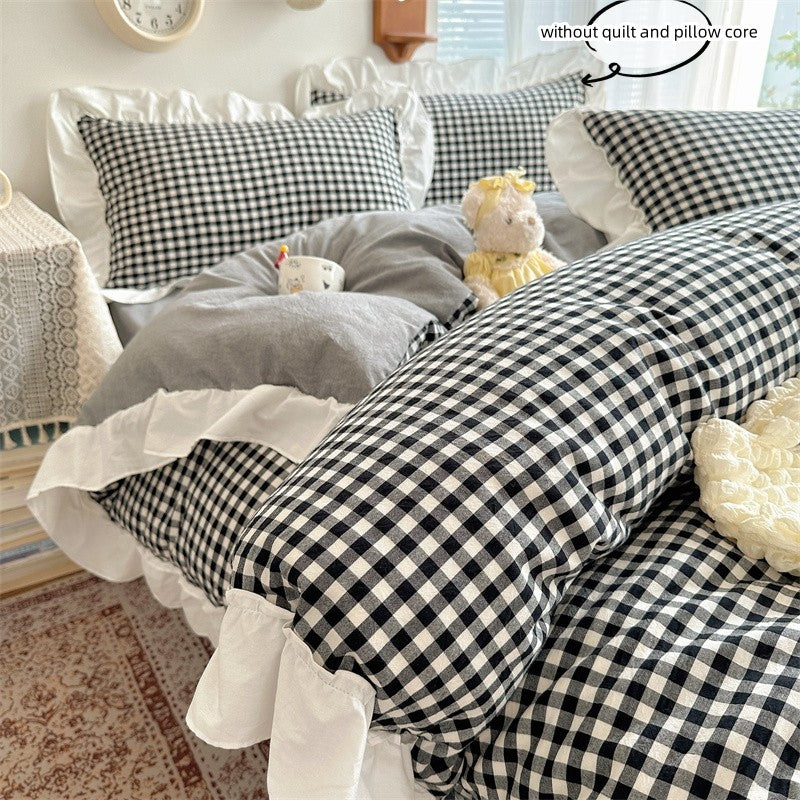 3pcs red,black plaid Duvet Cover Set (1*Duvet Cover + 2*Pillowcase, Without Core), Lace embroidery Bedding Set