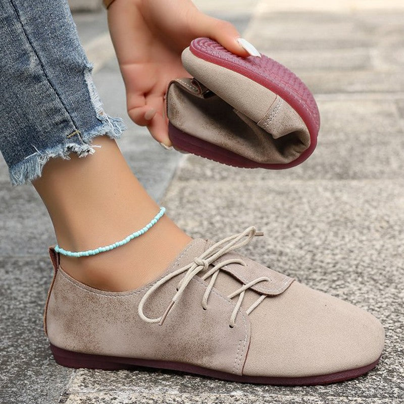 Brown Round Toe Flats Shoes Women 2025 Faux Suede Lace Up Flat Shoes for Woman Plus Size 43 Soft Walking Casual Shoes Female