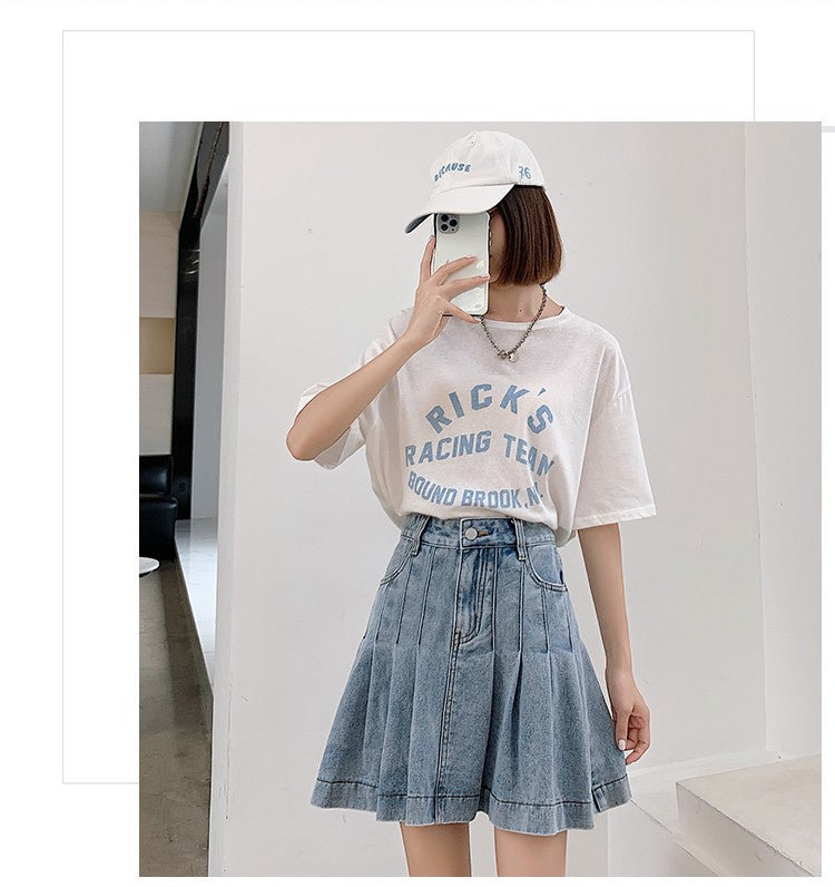 New Summer 2024 Plus Size Denim Skirt Women High Waist Pleated Large Size A Line Mini Jean Skirt Women Streetwear Saia Hot Sale