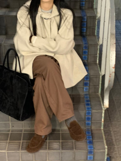 Korean Sle Woolen Coat Women's Chic Temperament Sweet Bow Tie Collar Hooded Warm Woolen Coat Long Sve Mid-Length