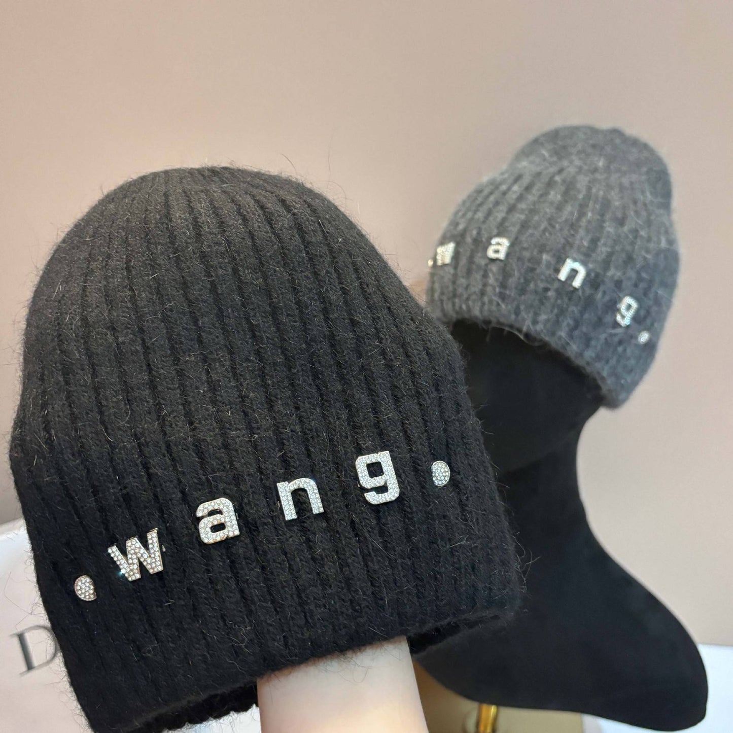 Simple Rabbit Hair Knitted Beanie for Women Outdoor Winter Warm Hat with Ear Flaps Basic Stretchable Skull Cap