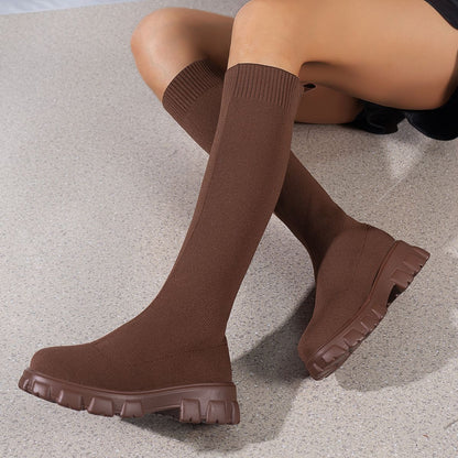 Woman Sock Boots Heels Over The Knee Botas Feminina Woman Long Elastic Botines autumn Winter New Brand Knitting Plush