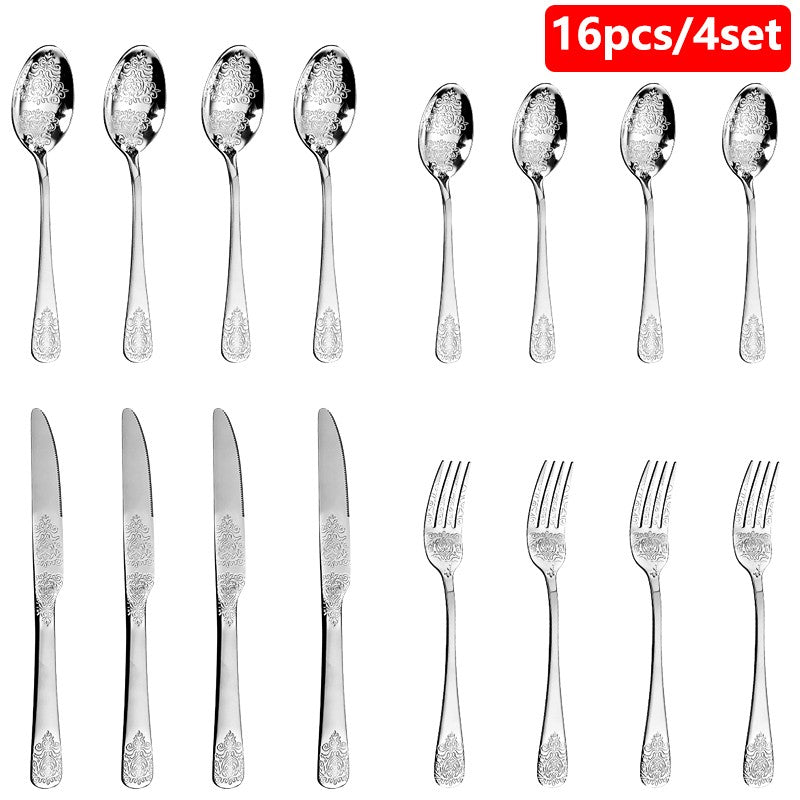 16/24Pcs Silverware Set,304 Stainless Steel Gold Cutlery Kit Mirror Polished Flatware Sets Vintage Carved Utensils Set Tableware