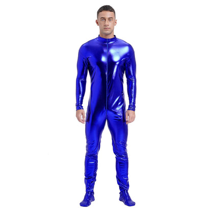 Men's Shiny Metallic Zentai Dress-up Jumpsuit Cosplay Costume Performance Stage Disco Clubwear Full Body Unitard Tights Leotard