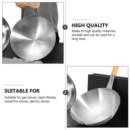 Wok de Aço Inoxidável com Cabo de Faia Anti-Queimadura Fundo Redondo Utensílio de Cozinha para Fogões a Gás 32cm