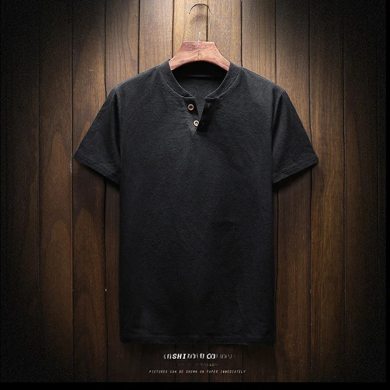 Men's Summer Loose-fit Short Sleeve Linen T-shirt Cotton Linen Body Solid Color Breathable V-neck Thin Top