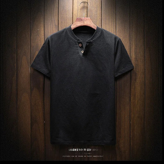 Men's Summer Loose-fit Short Sleeve Linen T-shirt Cotton Linen Body Solid Color Breathable V-neck Thin Top