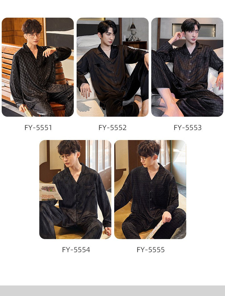 Plus Size Men's Pajama Suit Long Sleeve Silk Jacquard Pattern Premium Black Suit Lapel Top Long Pants Sleepwear Loungewear