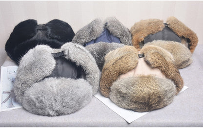 New Russia Winter Real fur Hat Men Outdoor Windproof Super Warm Real Rabbit Fur Bomber Hats Natural Soft Natural Rabbit Fur Caps