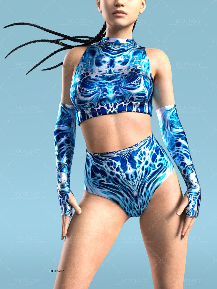Adult Summer Role Play Bodysuit Women Sexy Hollow Sleeveless Blue Graffiti Art Swimsuit Carnival Party Stage Performance Clothes