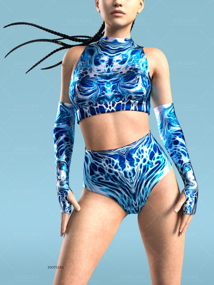 Adult Summer Role Play Bodysuit Women Sexy Hollow Sleeveless Blue Graffiti Art Swimsuit Carnival Party Stage Performance Clothes