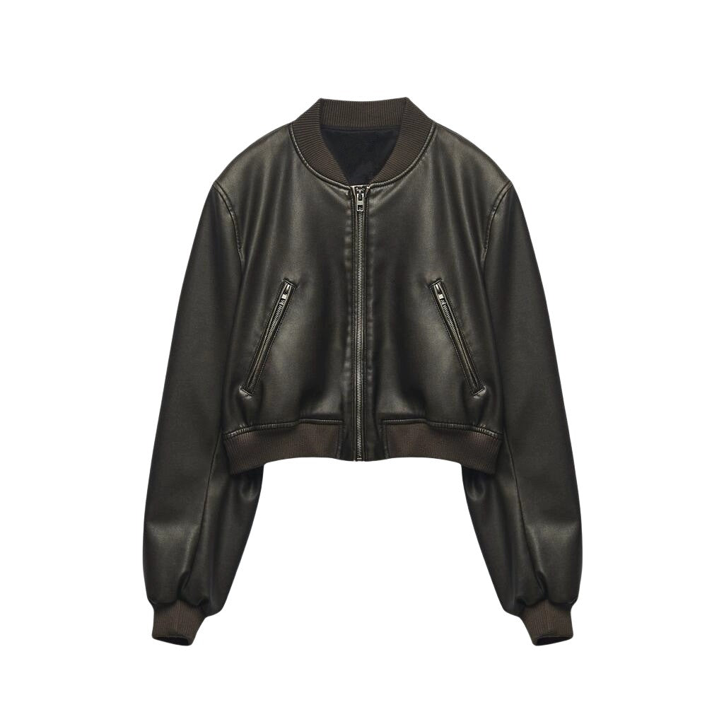 BSK&TRAF Hot Girl Stand Collar Distressed Faux Leather Bomber Jacket 2025 Women's Fashion Commuter Leather Jacket