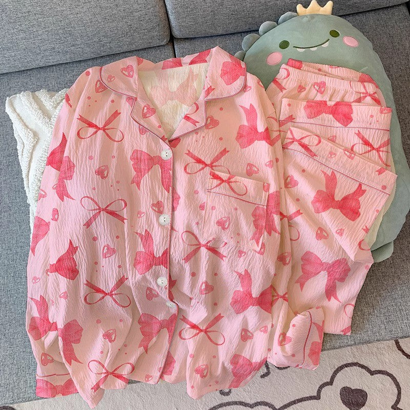Women's Pajamas Set Bow Print Sleepwear Button Down Tops Long Pajama 2 Piece Suit Pyjama Femme Nightwear Loungewear for Winter