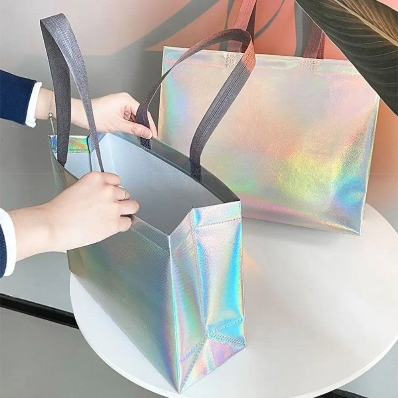 10Pcs Reusable Silver Laser Tote Bag Durable Non Woven Gift Shopping Bag for Wedding Bridesmaid Party Birthday Eco Friendly