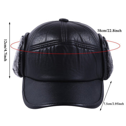 Boné de beisebol de couro preto com pele e abas para os ouvidos, quente de inverno, para homens e mulheres, engrossado