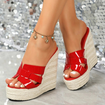 Lady Super High Heels Rice Straw Weave Women Platform Shoes Outside Summer Thick Sole Casual Sandals 14.5CM Wedges Heel Slippers