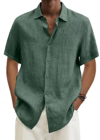 Basic Summer Men's Shirt Cotton Linen Short-sleeved Button Lapel Simple Top Casual Office Blouses for Male