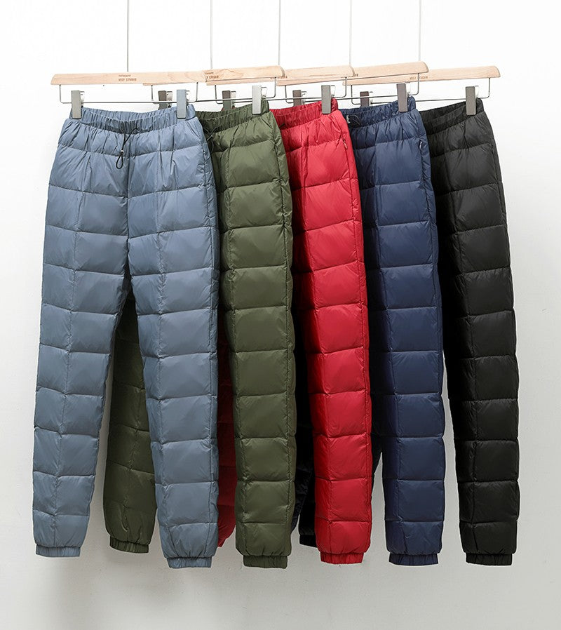 Calça Masculina/Feminina Plus Size de Pluma Grossa 2023 Nova Inverno Cintura Alta 90% Pluma de Pato Branca Quente Reta Calça Casual Feminina