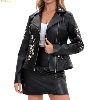 New Fall Women's Black Embroidered PU Jacket, Street-Style Brown Faux Leather Coat, Fashionable Beige Long Sleeves Top.