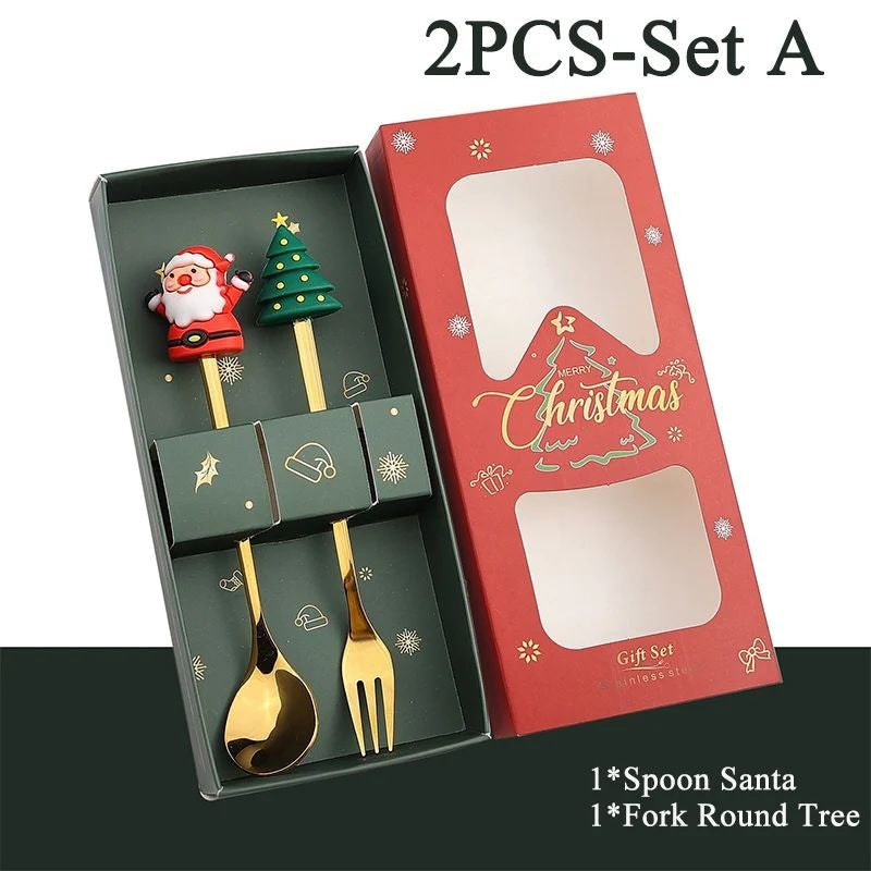Conjunto de Talheres com Tema Natalino Aço Inoxidável Faca Garfo Colher com Desenho Animado Criativo Conjunto de 2/4/6 Peças Presente de Fim de Ano Decoração de Talheres