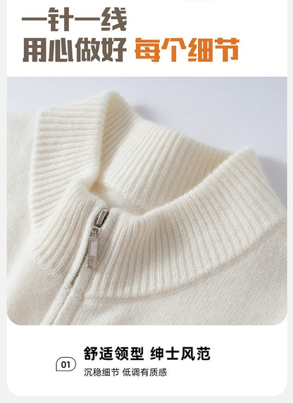 500g 100% Pure Cashmere Sweater Men's Seven-Needle Double-Ply Thickened Half-Turtle Neck Zipper Cardigan Loose Knitted Sweater