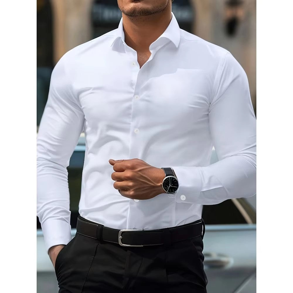 FGKKS Men Casual White Shirt Brand Fashion Solid Color Long Sleeve Elastic Fabric Male Business Dress Shirt