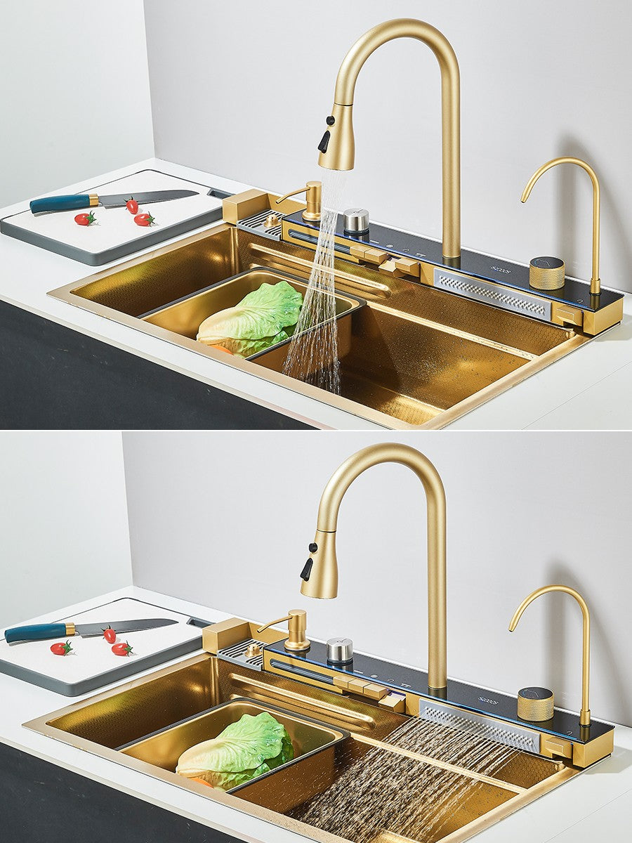 Large 304 Kitchen Sinks 75x45cm Stainless Steel Kitchen Waterfall Sink Digital Display Large Single Sink Dish Washer Faucet
