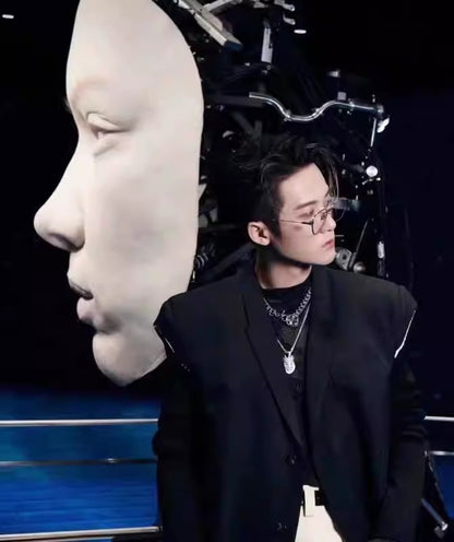 High Street Men's and Women's RO Dark Show Knitted Edge Splicing Sleeve Wide Shoulder Windbreaker Coat Medium Length Blazer Coat