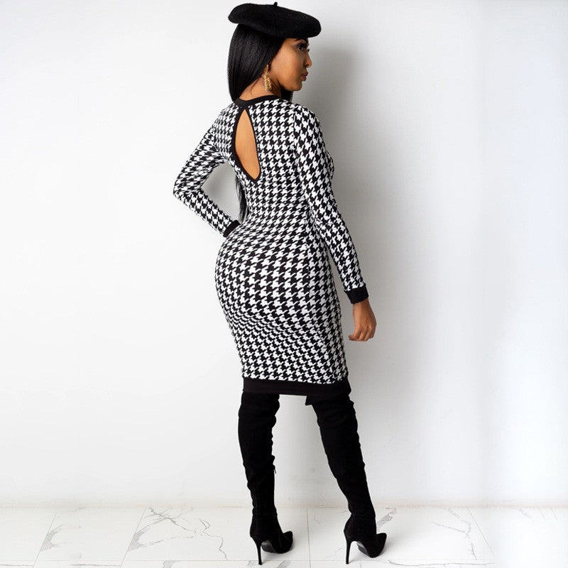 Houndstooth Print Women Long Sleeve Midi Dress Hollow Out Bodycon Sexy Streetwea