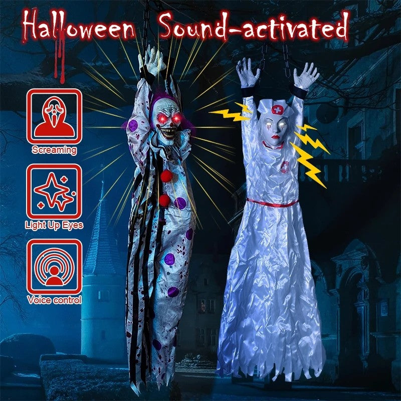 Decoração de Halloween Animatronics Palhaço Enfermeira Pendurado Controle por Voz Elétrico Exterior Assustador Liquidação Horror Adereços Casa Assombrada