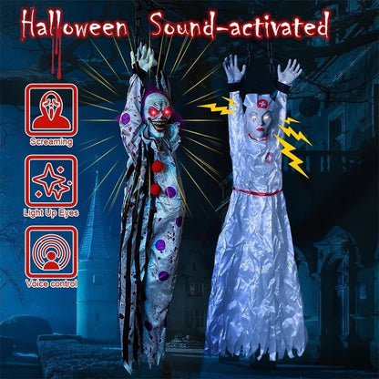 Decoração de Halloween Animatronics Palhaço Enfermeira Pendurado Controle por Voz Elétrico Exterior Assustador Liquidação Horror Adereços Casa Assombrada