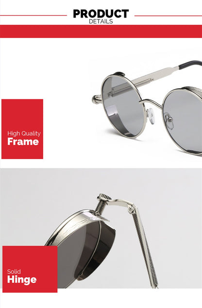 VIVIBEE Vintage Steampunk Red Sunglasses Men Round Punk Alloy Metal Retro Sun Glasses Women 2025 Goggles Gothic Style Shades