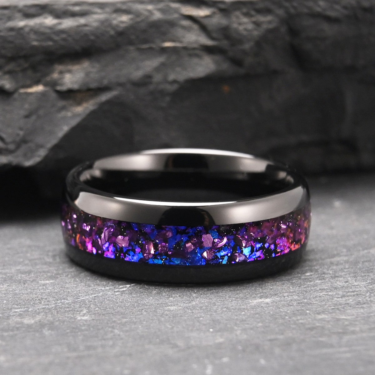 Anel Masculino de Tungstênio com Incrustação de Ametista Preto, Aliança de Casamento, Noivado, Presente de Joia, 8mm de Largura, Durável para Uso Diário Masculino