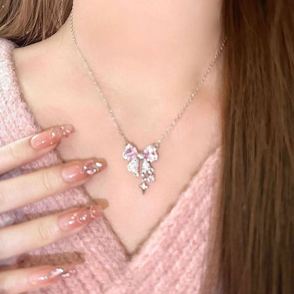 Colar de laço rosa fofo e descolado, corrente de clavícula, acessórios versáteis, luxuosos e simples.