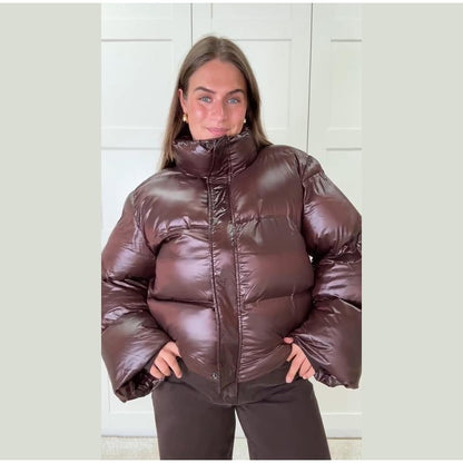 Fashion Glossy Padded Jacket Women's Solid Turtleneck Long Sleeve Warm Down Coat 2025 Autumn Winter New Lady Casual Outerwear