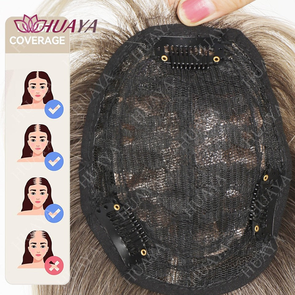 Apliques de Cabelo de 14 Polegadas para Mulheres com Cabelos Ralos, Sintéticos Resistentes ao Calor, Toppers de Peruca Femininos - Ombre Raiz Escura para Loiro
